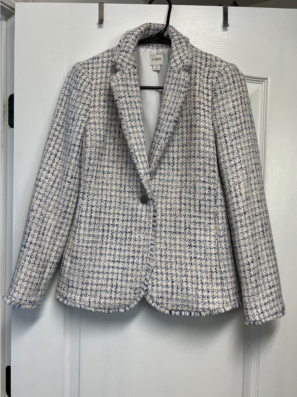 J. Crew Ivory and Navy Tweed Single-Button Blazer with Fringe Trim